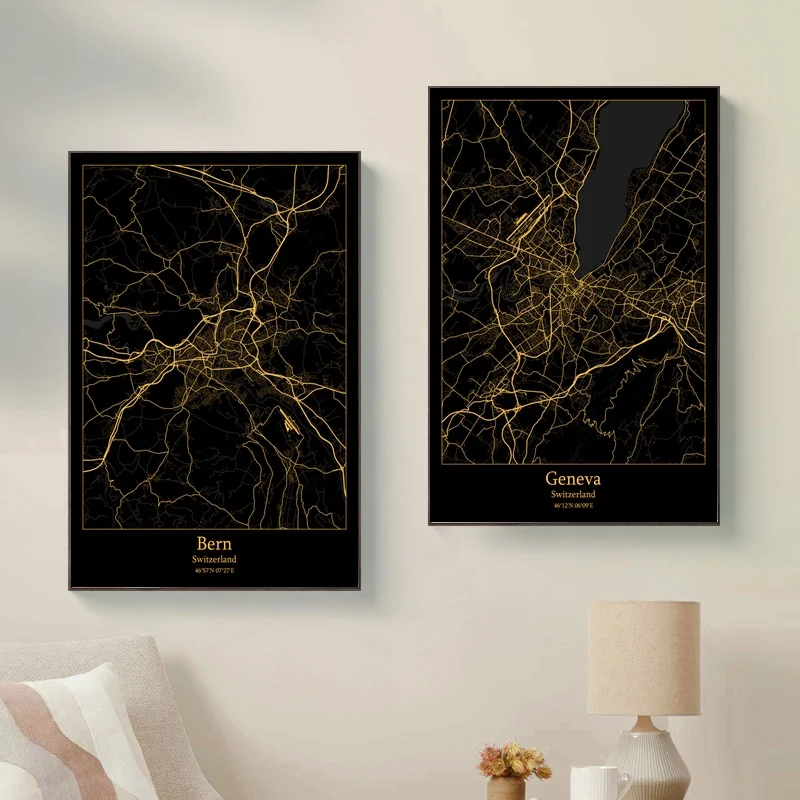Плакат с изображением Берна, Женевы, Цюриха, швейцарских черных и золотых городских карт, Декор для дома, без рамки