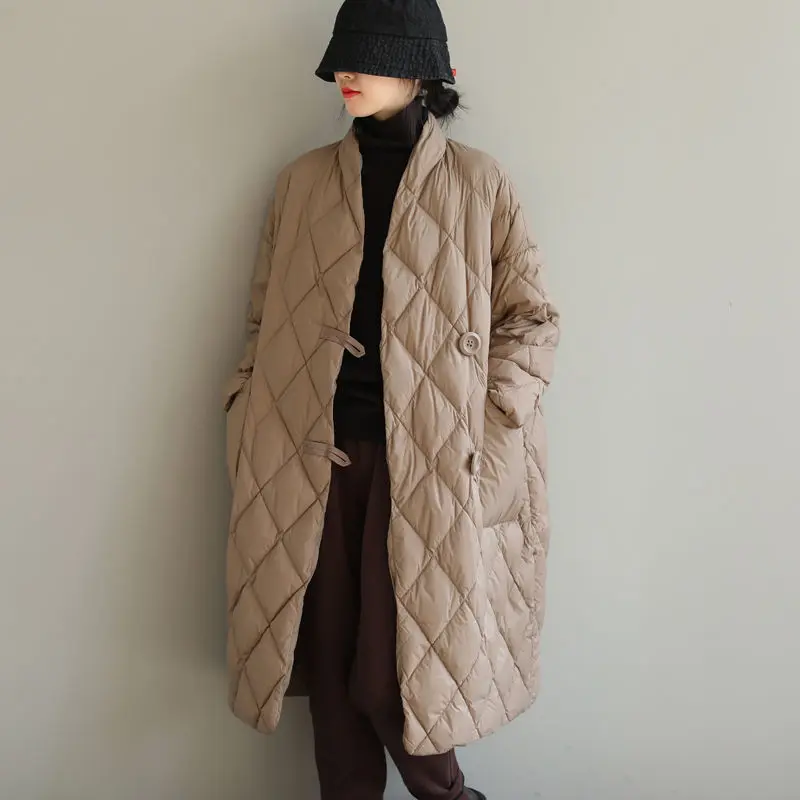 2022 Winter V-neck Medium Long Coat Women's Fashionable Warm and Thin Loose Down Jacket