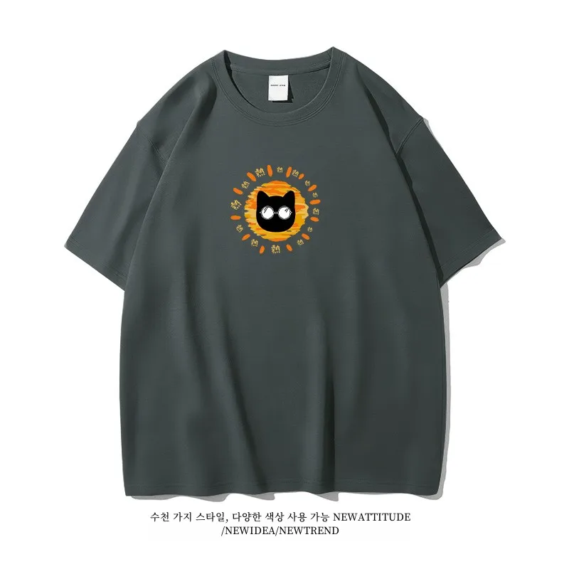 Xiaoxiao Sales Department/Summer Too Hot Sunglasses Black Cat Fun Short sleeve T-shirt Boys and Girls Pure Cotton T-s...