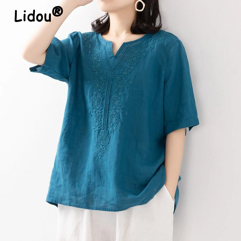 

Cotton Linen Lace Women Vintage Embroidery Tops V-Neck Half Sleeve Blouses 2022 Summer New Chinese Loose Wild Pullover T-shirts