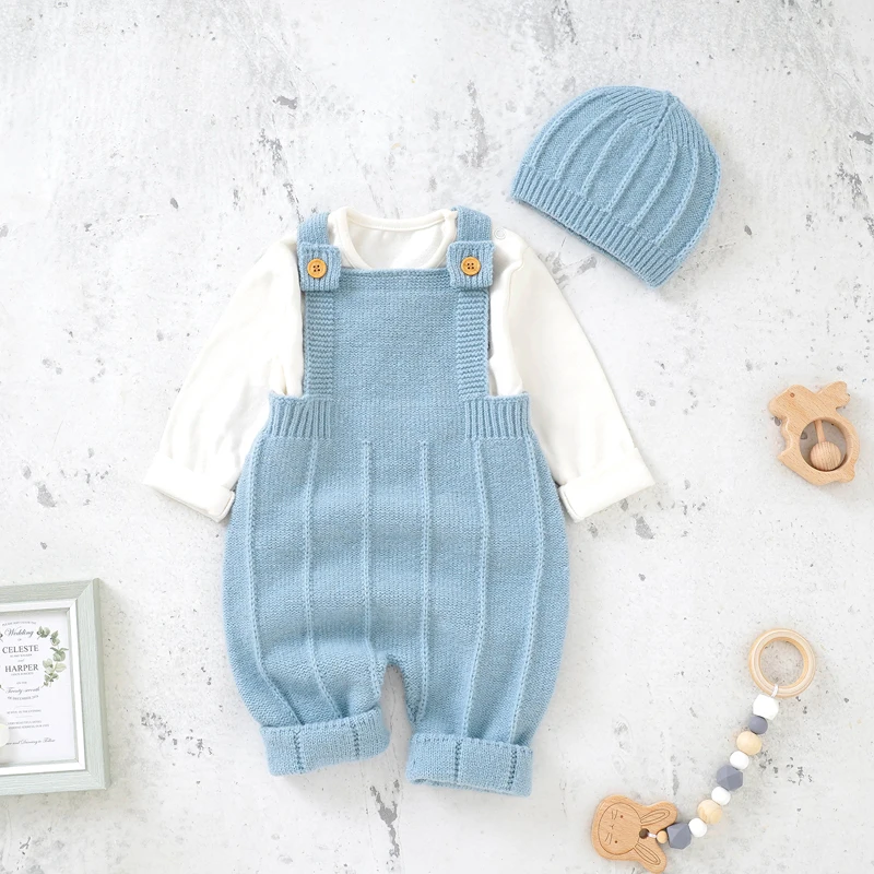 

Baby Rompers Sleeveless Newborn Infant Boys Girls Solid Knit Jumpsuits Playsuits 0-18m Toddler Netural Overalls Hats Clothes Set