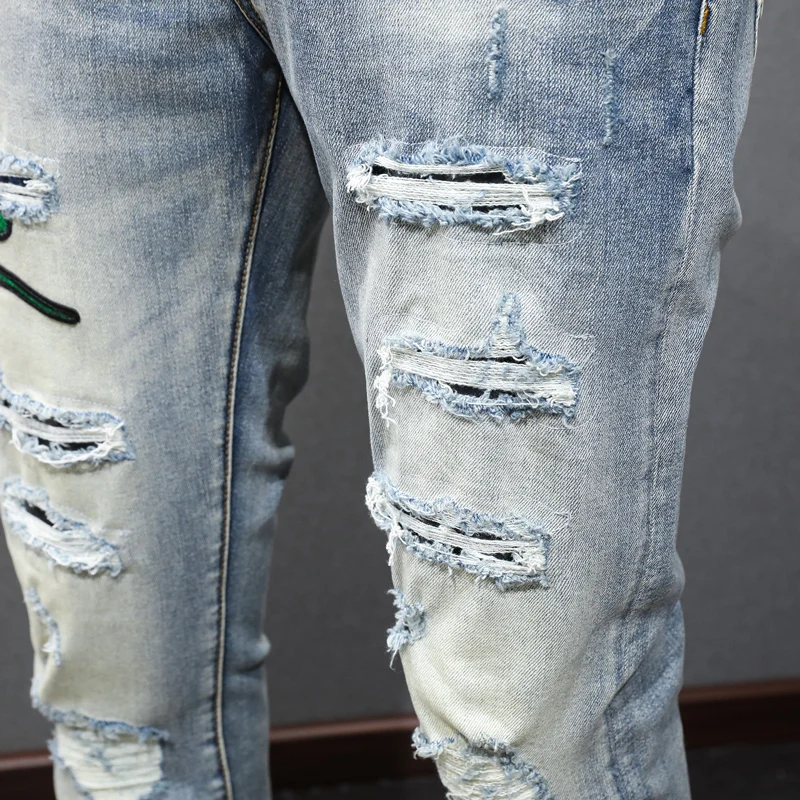 Street Fashion Men Jeans Retro Blue Cobra Pattern Designer Elastic Skinny Ripped Jeans Men Leather Patched Hip Hop Brand Pants