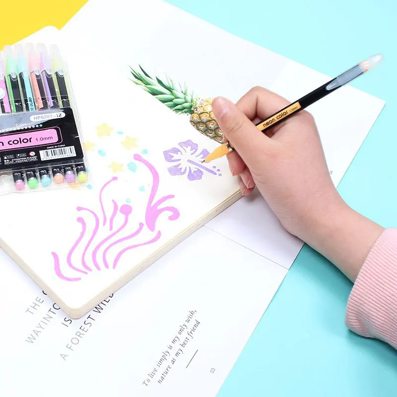 12Pcs Neon Color Set Glitter Metallic Fluorescence Highlighter Pastel Gel Pen For Art Sketch Doodle Painting Drawing Kids Gift images - 6