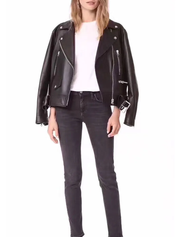 Luxury Designer Clothing Women Real Genuine Leather Jacket 2023 Natural Sheepskin Motor Biker Outerwear Female Black Oversized