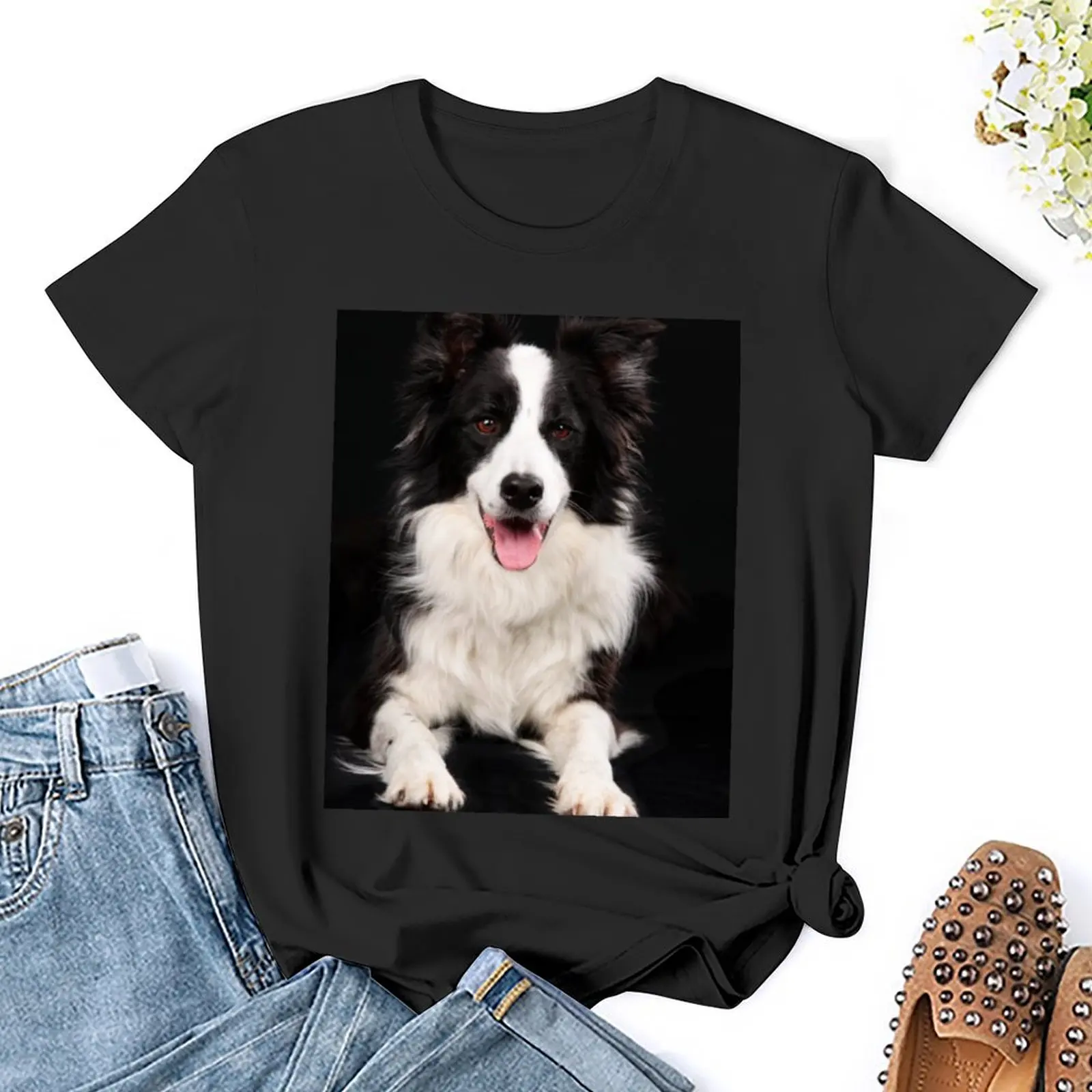 Черно-белая футболка с рисунком бордюра колли рубашка животным принтом для