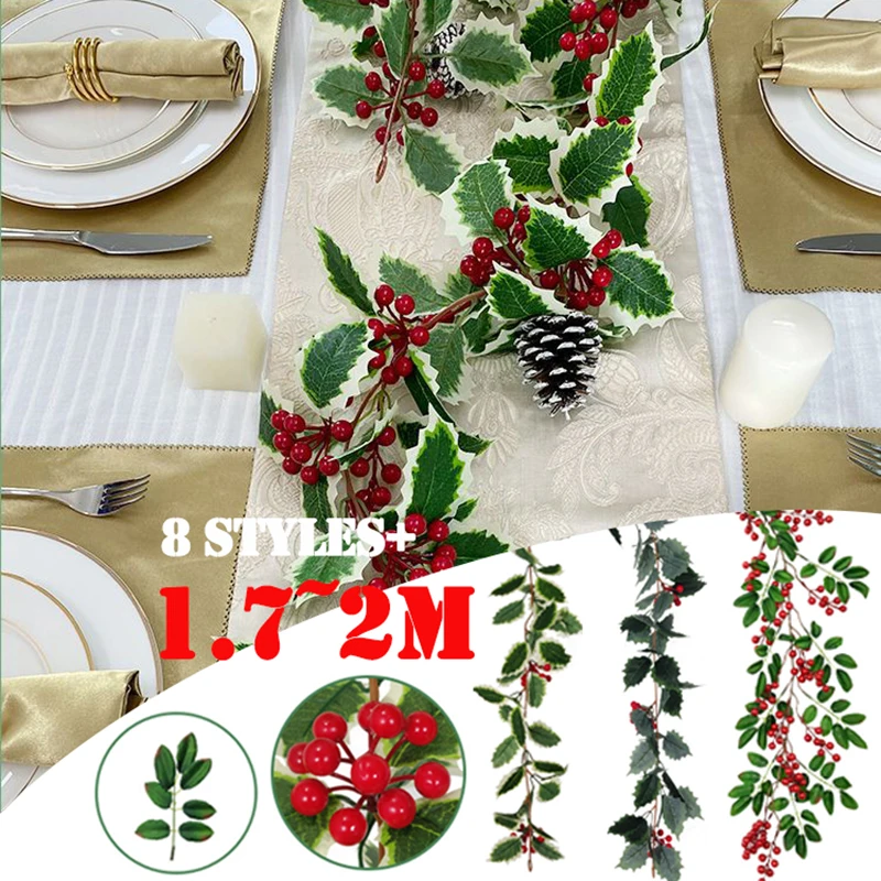 

1.7-2M Christmas Pine Vine Garland with Red Berries Rattan Party Wall Door Home Decor Christmas Tree Ornaments Xmas Wreath Noel