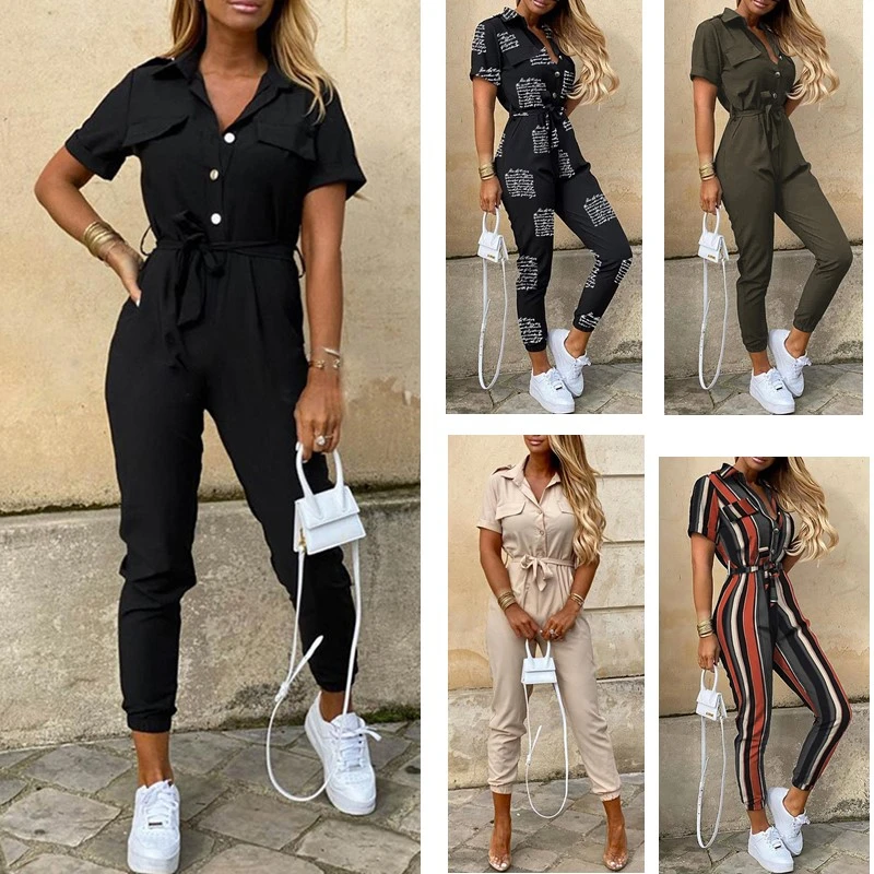 Женский Повседневный комбинезон с отложным воротником и поясом |