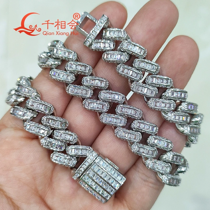 Necklace S925 silver 12mm baguette french Cuban Link Iced Out Hip Hop white Moissanite Link Chain Jewelry  for Women Men Gifts