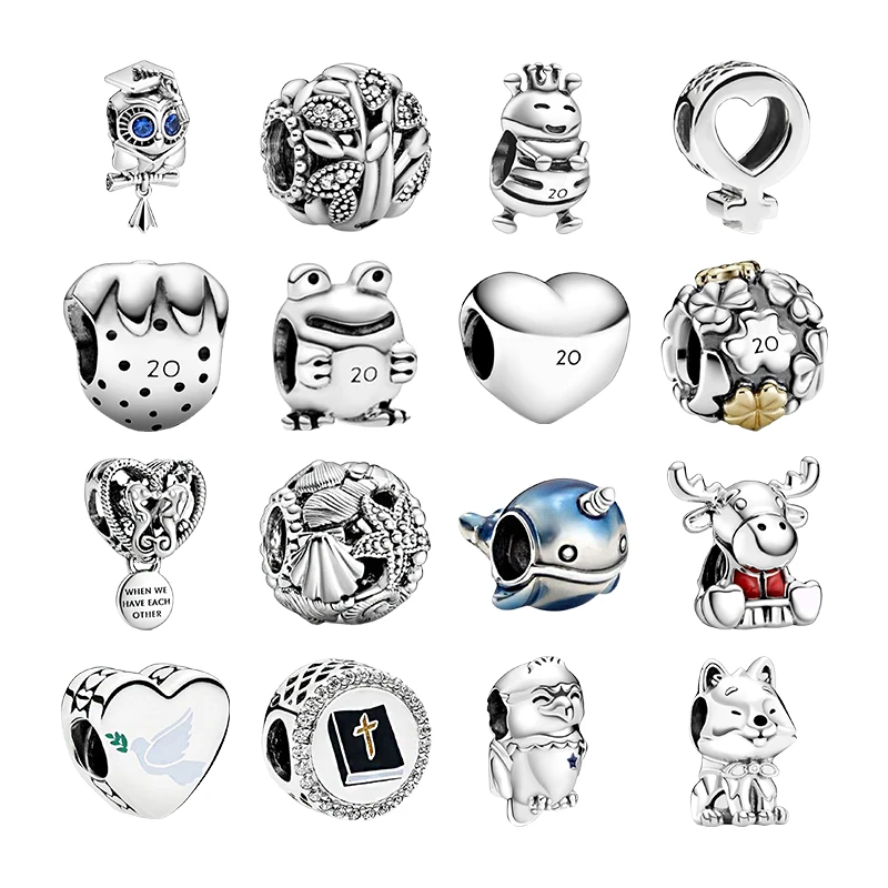

Silver 925 Beads For Bracelets DIY Family Tree Four Leaf Clover Queen Bee Strawberry Owl Frog Starfish Narwhal Eagle Dog Charms