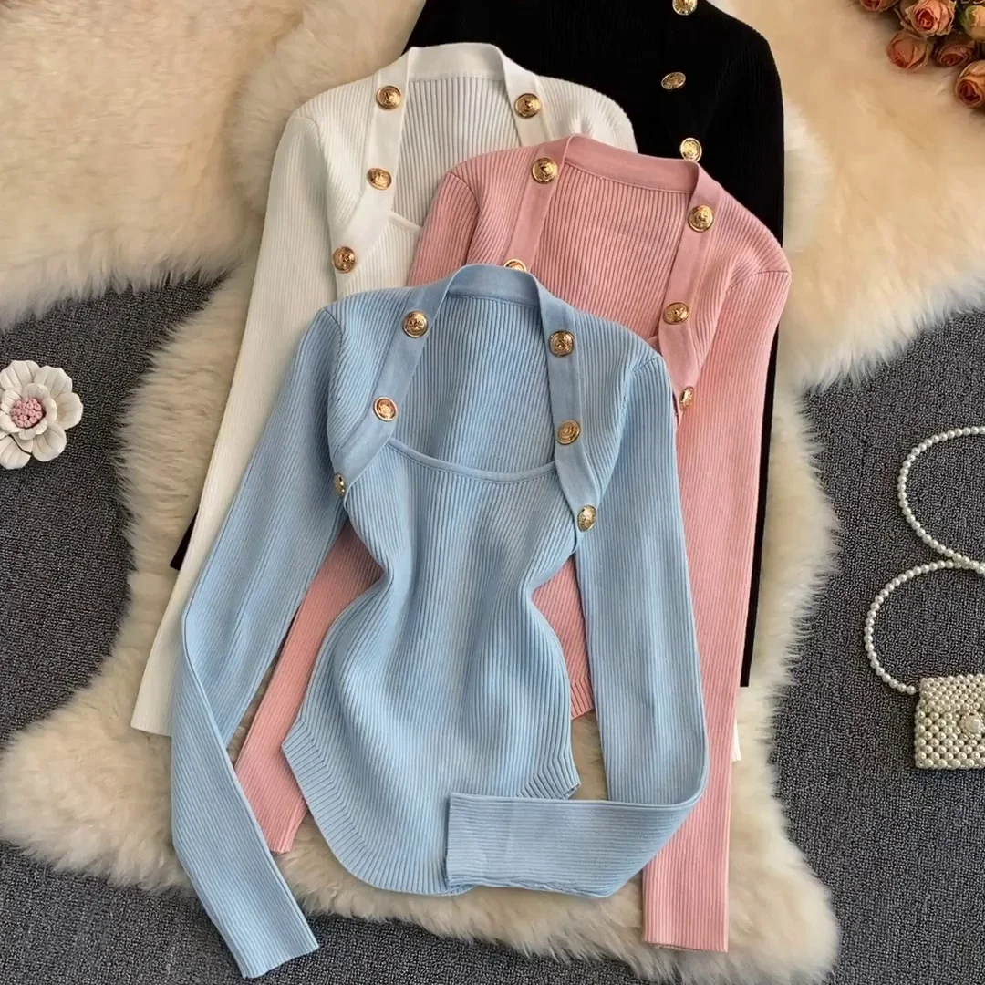 

Autumn Winter New Fashion Short Sweater Women Korean Style Slim U-Neck Long Sleeve Base Knitted Sweater Elegant Pullover Tops
