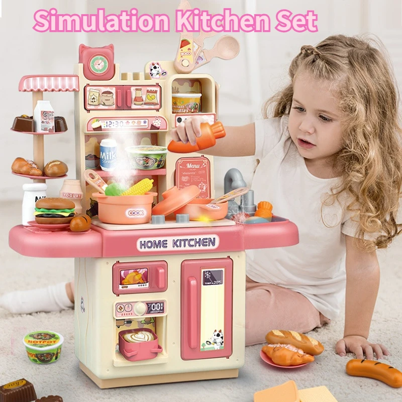 

Large Children Simulation Kitchen Toy Set Lampligh Sound Effect Spray Kitchen Food Cooking Dining Table Play House Toys Gifts