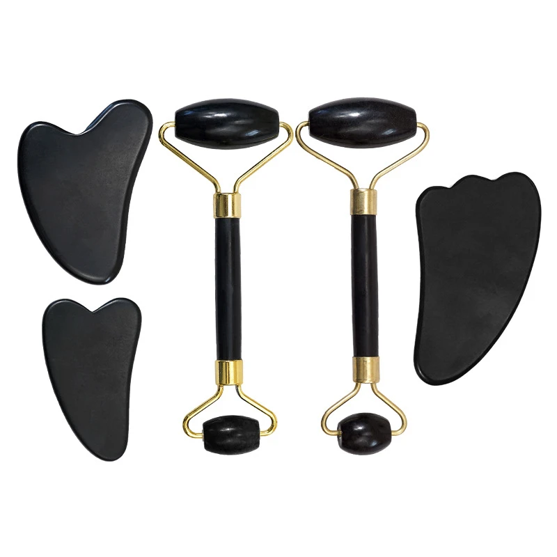 

Natural Stone Guasha Massage Gouache Scraper For Face Jade Roller Massager Set Black Obsidian Gua Sha Board Facial SkinCare Tool