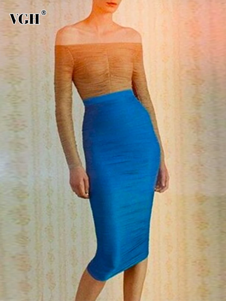 

VGH Hit Color Folds Elegant Dress For Women Slash Neck Long Sleeve High Waist Slim Bodycon Dresses Female Clothing Fashion New