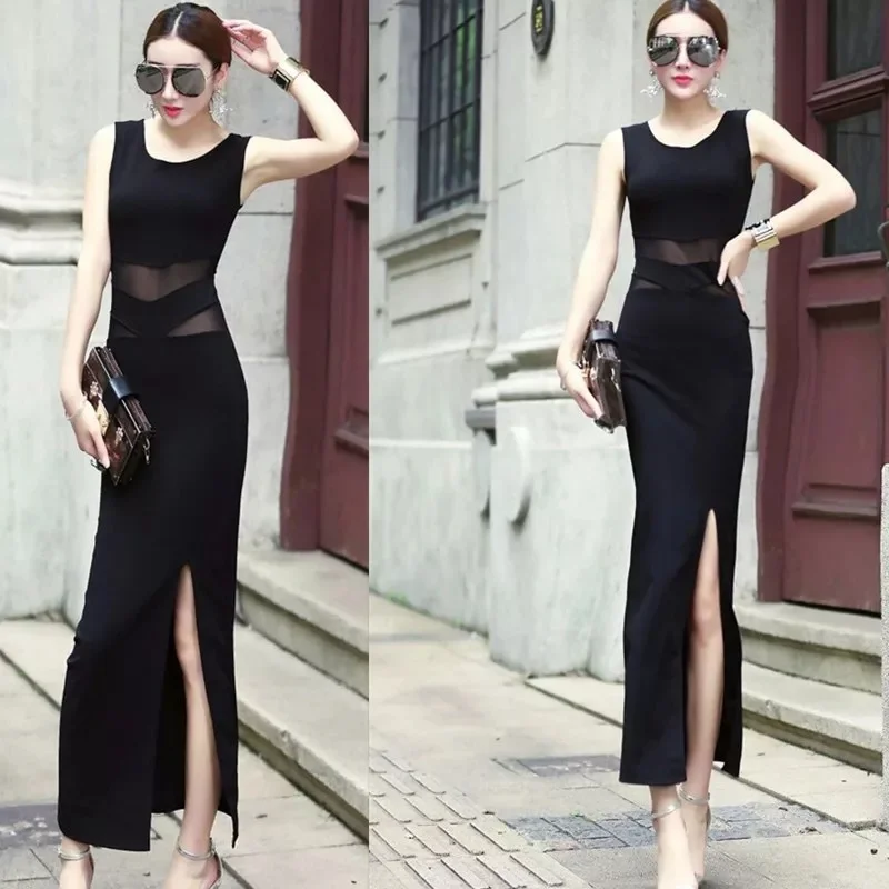 

Summer 2023 sleeveless sheer high slit hip wrap slim sexy nightclub midi dress