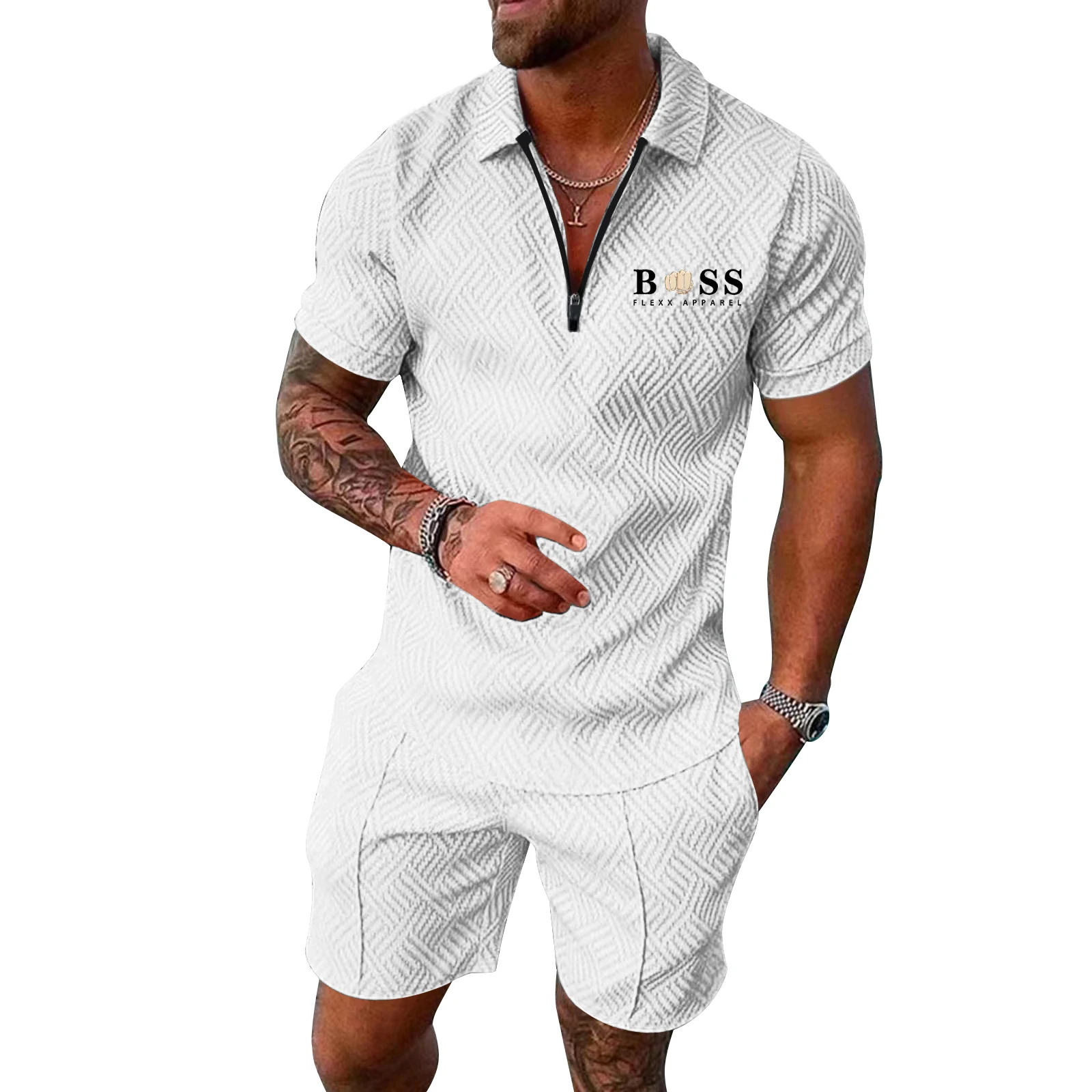 Men Summer Brand Tracksuit Fashion Turn Down Collar Zipper Polo Shirt+Shorts Sports Jogging Suit Casual Stylish Sweatersuit Set