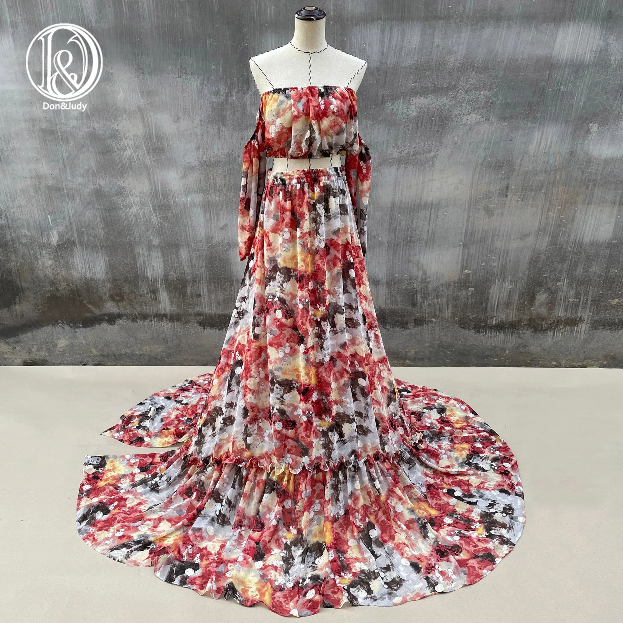 Don&Judy Floral 2 Pieces Gown Top and Skirt Set Maternity Dresses Long Sleeves Photography Dress Baby Shower Dress 2022