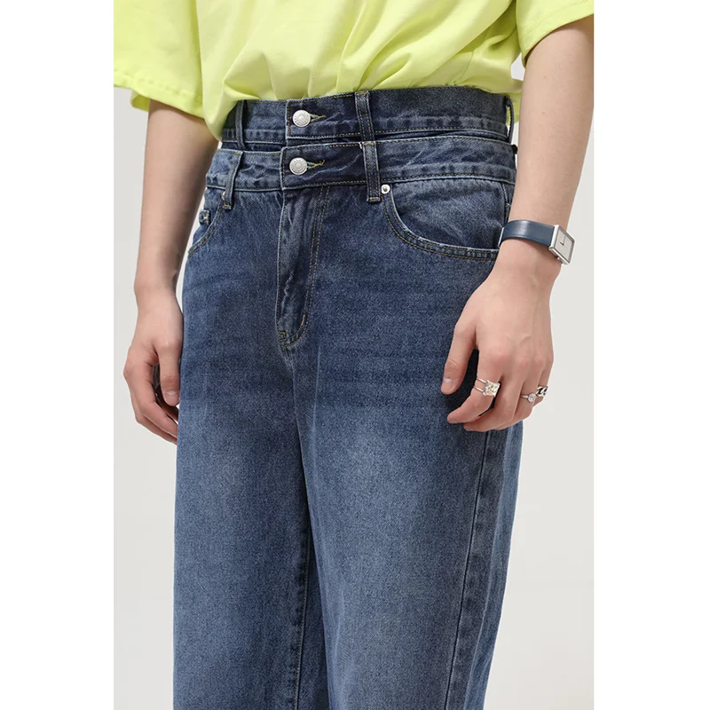 Men's Wear 2022 New Vintage Recreational Blue Double Trouser Head Jeans Loose Straight Cylinder Broad Leg Trousers Autumn Female