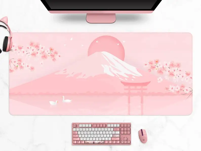 

Cherry Blossom desk mat, Japanese mt Fuji landscape Aesthetics mouse pad, minimal kawaii pastel pink Sakura tree, Gaming mousepa