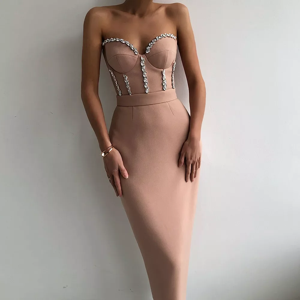 

Sexy Strapless Women Dress Bandage Bodycon 2021 New Elegant Beading Party Evening Club Midi Dresses Summer Autumn Clothes