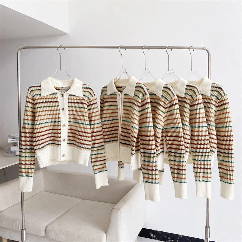 

2022 Color Contrast Stripe Wool Lapel Knitted Sweater Women Cardigan