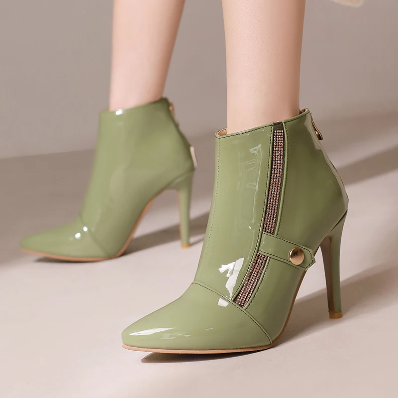 

Plus Size Army Green Lacquer Leather Pointed Extra High Heels Women's Short Boots Plush Inner Lining Back Zipper Rivet Boots