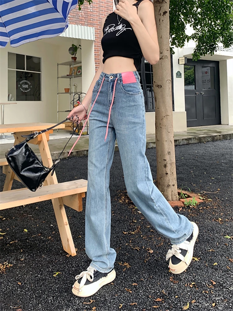 

GBG3986 Spicy girl style drawstring contrasting straight leg jeans, new Korean high waisted versatile design, casual pants