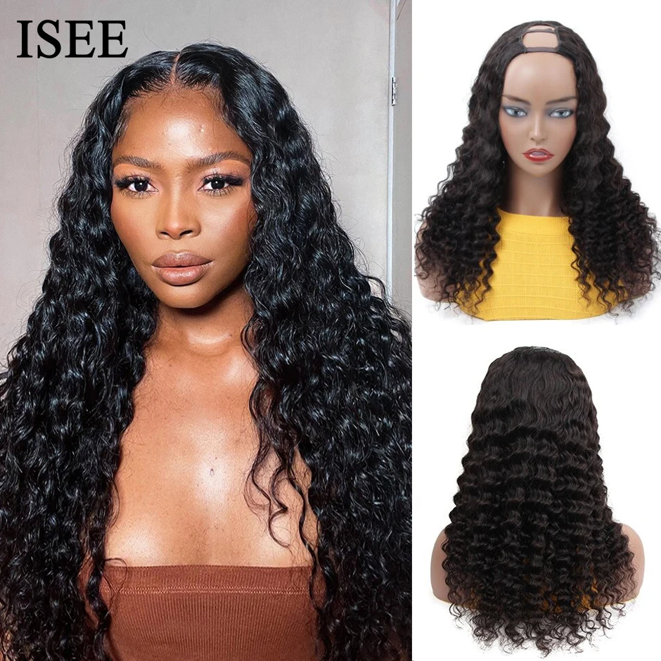 ISEE HAIR U Part Wig Peruvian Deep Wave Human Hair Wigs 180% Glueless U Shape Curly Wigs Machine Made Human Hair Wigs For Women