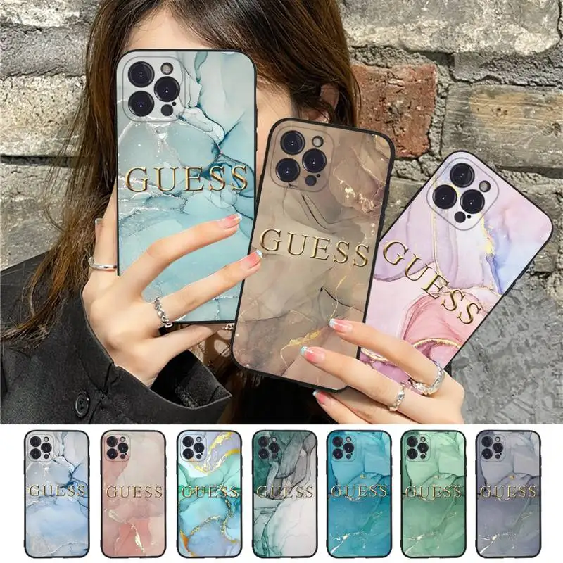 

Fashion Artistic Agate Marble Gold Bar Brand GUESS Phone Case For iPhone 14 13 11 8 7 6 6S Plus X XS MAX 5 5S SE 2020 XR 11 pro