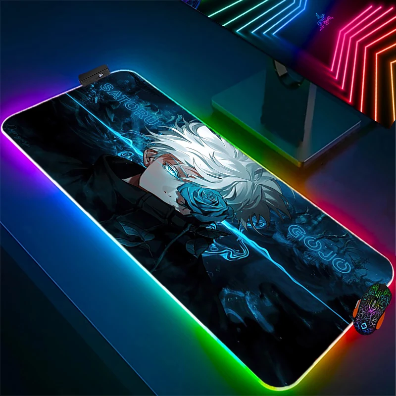 Большой коврик для мыши juютсу Kaisen Gojo Anime RGB 100x50, мягкий Настольный коврик для ноутбука, офиса, игр, аксессуары для ПК с подсветкой, резиновый коврик для мыши