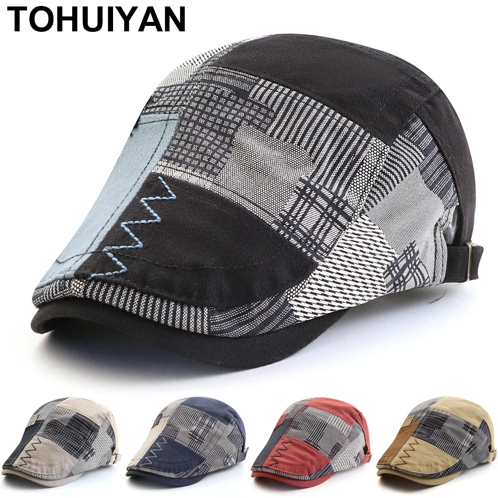 

TOHUIYAN Irregular Plaid Newsboy Beret Hat Adjustable Boinas Flat Cap Artist Painter Duckbill Visor Cabbie Hats for Men Women