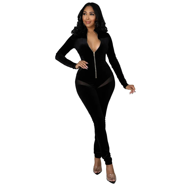 

Sexy Velvet Patchwork See Through Mesh Women Jumpsuits Zipper Long Sleeve Bodycon 2022 Party Club Outfits Long Pants Bodysuits