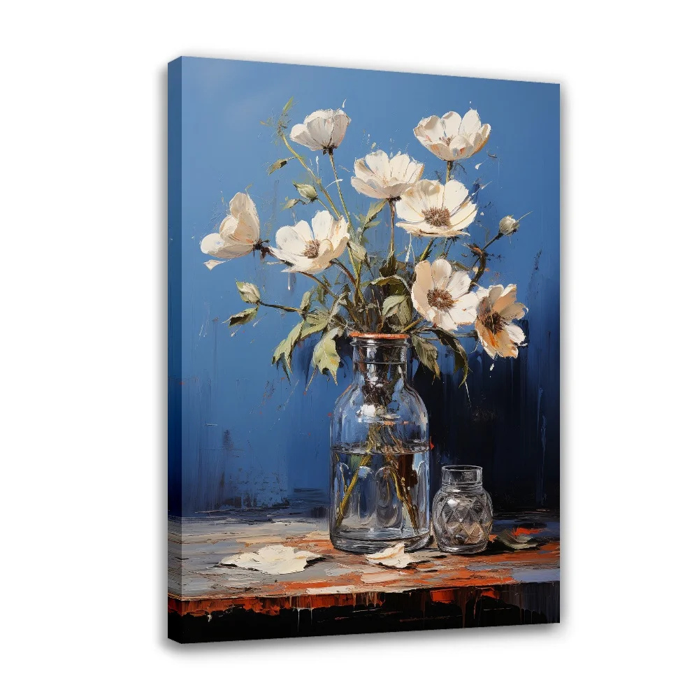 

Forbeauty Blue Background Glass Vase White Flowers Framed Gallery Canvas Painting Colorful Vase Antique For Home Decoration