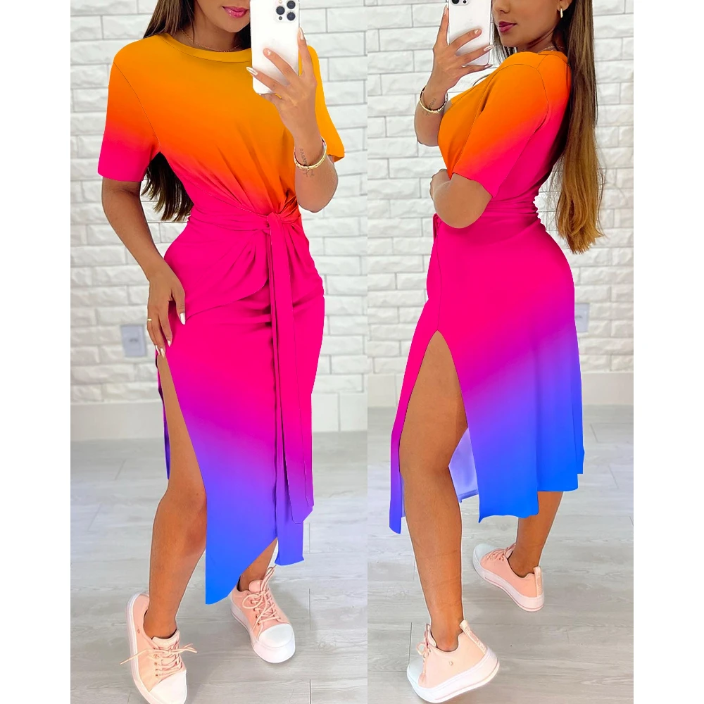 

2023 Women Rainbow Ombre Tied Detail Slit Casual Midi Dress O-Neck Summer Short Sleeve Female New in Dresses Daily Outfits