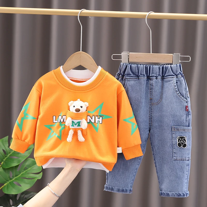 

New Spring Autumn Baby Boy Girls Fashion Cotton Children Sport Clothes T-shirt Jeans 2Pcs/Sets Kids Toddler Casual Tracksuit