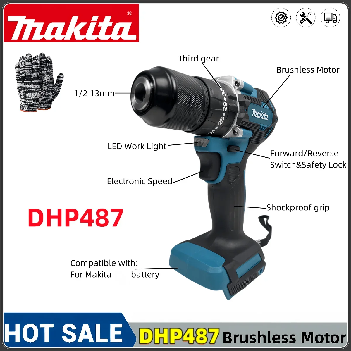 Makita Новый DHP487 13 мм Аккумуляторная ударная дрель 18VLXT Бесщеточный двигатель