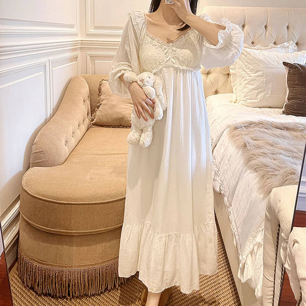 Women Princess Beautiful Nightdress Double Layers Cotton Gauze Long Sleeve With Breast Cushion Sweet Nightgown Robe Dress Lounge