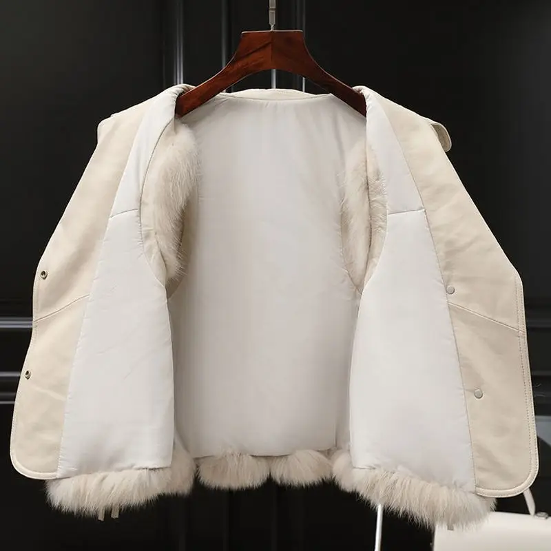Parkas Women's Outdoors Coats Jackets Vests 2022 Winter Faux Fur Imitation Fox Hair PU Splicing Bandage Fashion Waistcoat Woman
