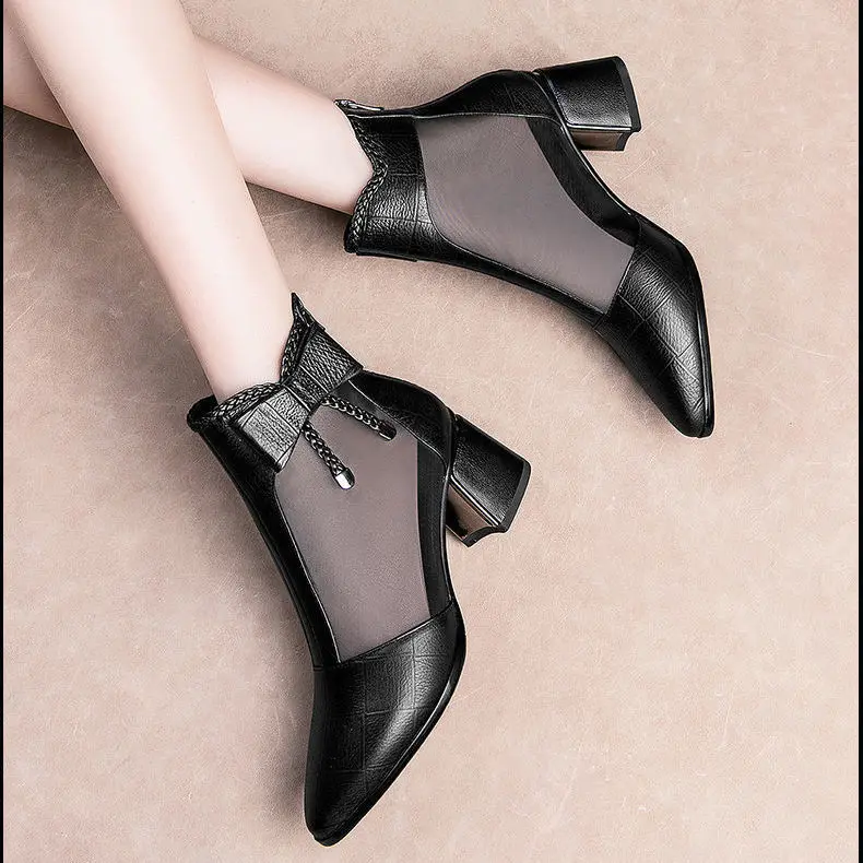 Boots for women Butterfly-knot Mesh Breathable Ladies Ankle Boots Summers Thick heel shoes Zipper Comfortable Female Footwear