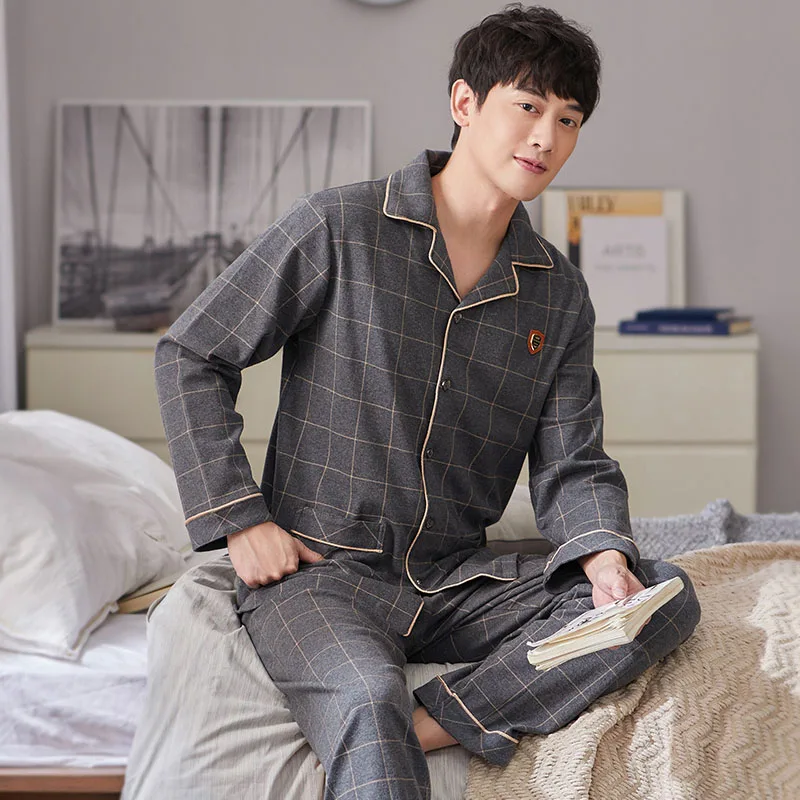 100% Cotton Pajamas for Men Plaid Gray Bedroom Lounge Sleepwear Pyjamas New Winter Home Clothes PJs Man's Pijama Hombre Invierno