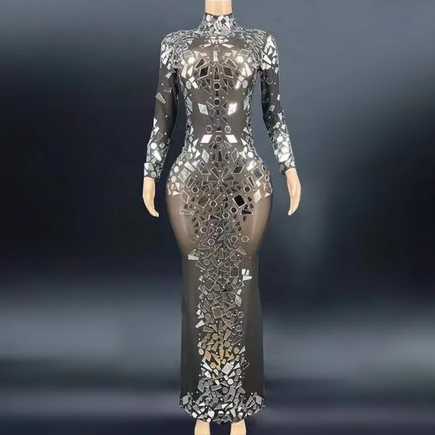 2022 Fashion Black Mesh Mirrors Dress Evening Birthday Celebrate Shining Outfit Performance Costume Singer Dance Dress