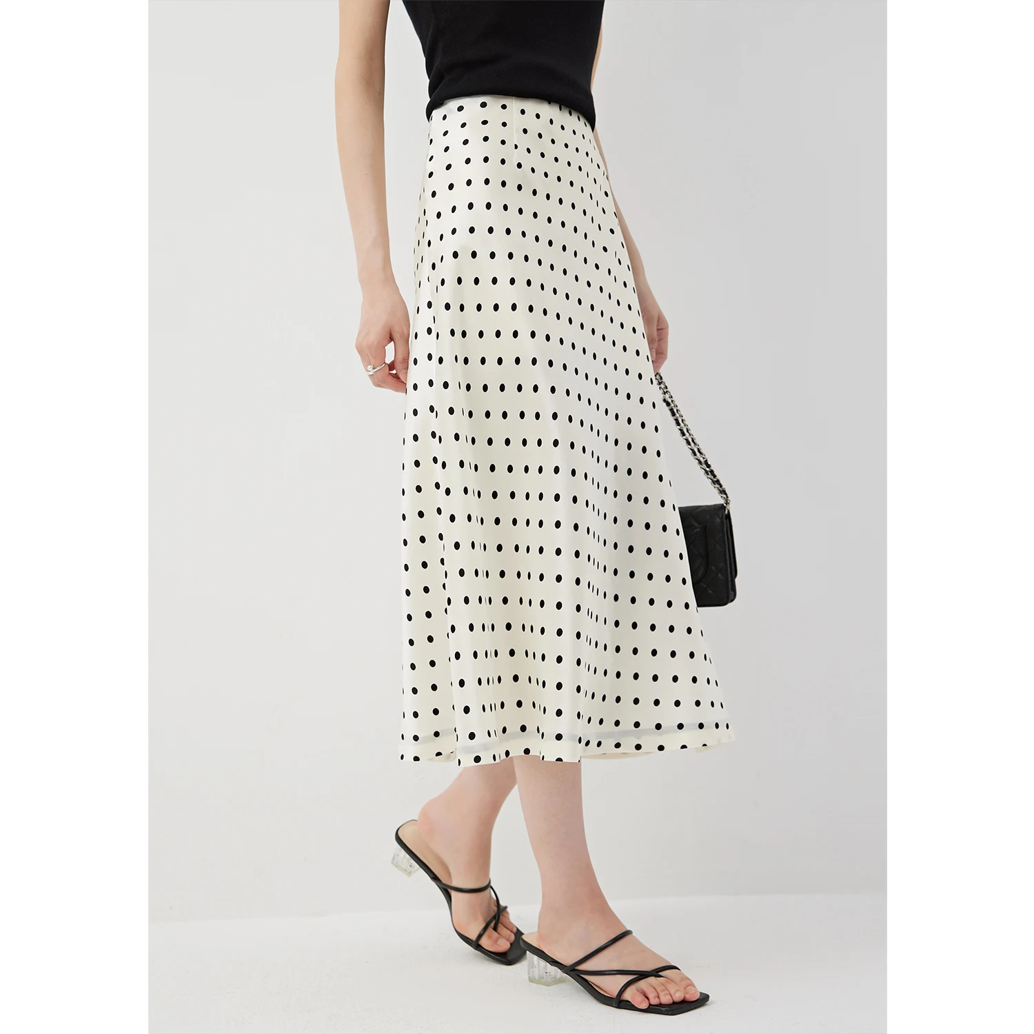 

SHUCHAN Acetate Long Skirts for Women Korean Fashion Clothing Polyester A-LINE Mid-Calf Dot Split Empire SATIN