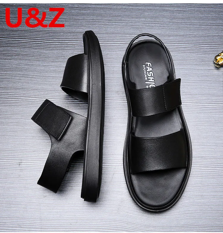 

Black Calf Leather Men Sandals Black,Sports Summer Slippers Men Cow leather Sanadls,Male Beach Shoes Can Be wear for 10 Years
