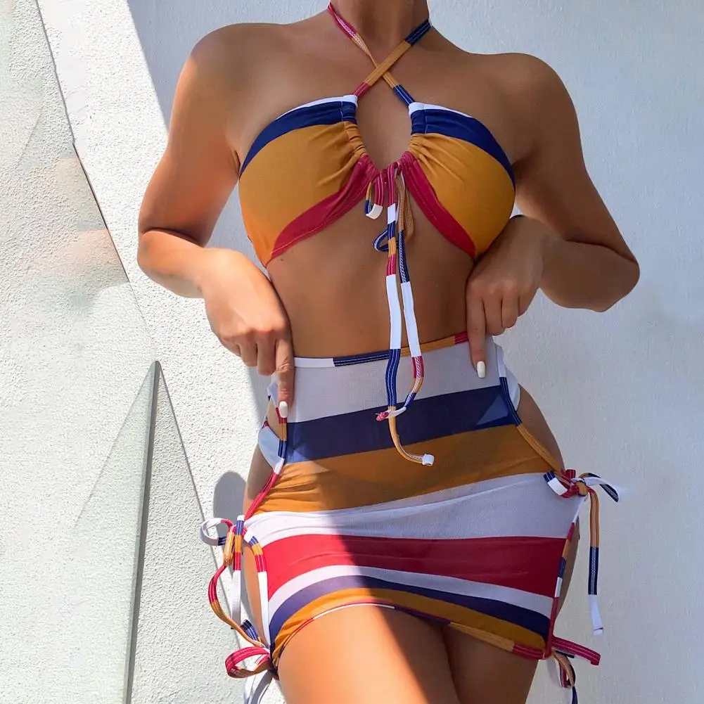 

Bikini 2022 Striped Print Swimwear Women 1 Set Bathing Suit Padded Three-piece Halter Stripe Design Women Swimsuit for Beachwear