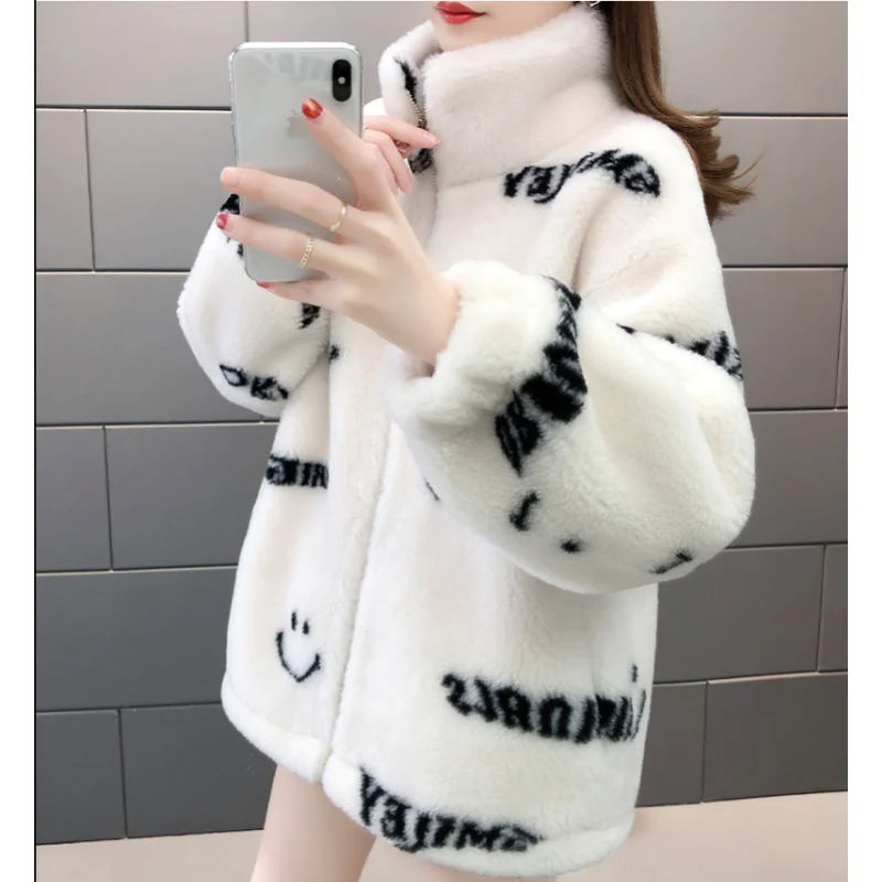 2022 Winter Clothes Women Cashmere Chic Printing Zip Up Hooded Fashion Outerwear Sweet Jackets for Women Casual Jacket Coats