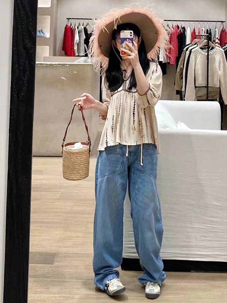 Винтажная женская блузка с v-образным вырезом и принтом повседневная свободная