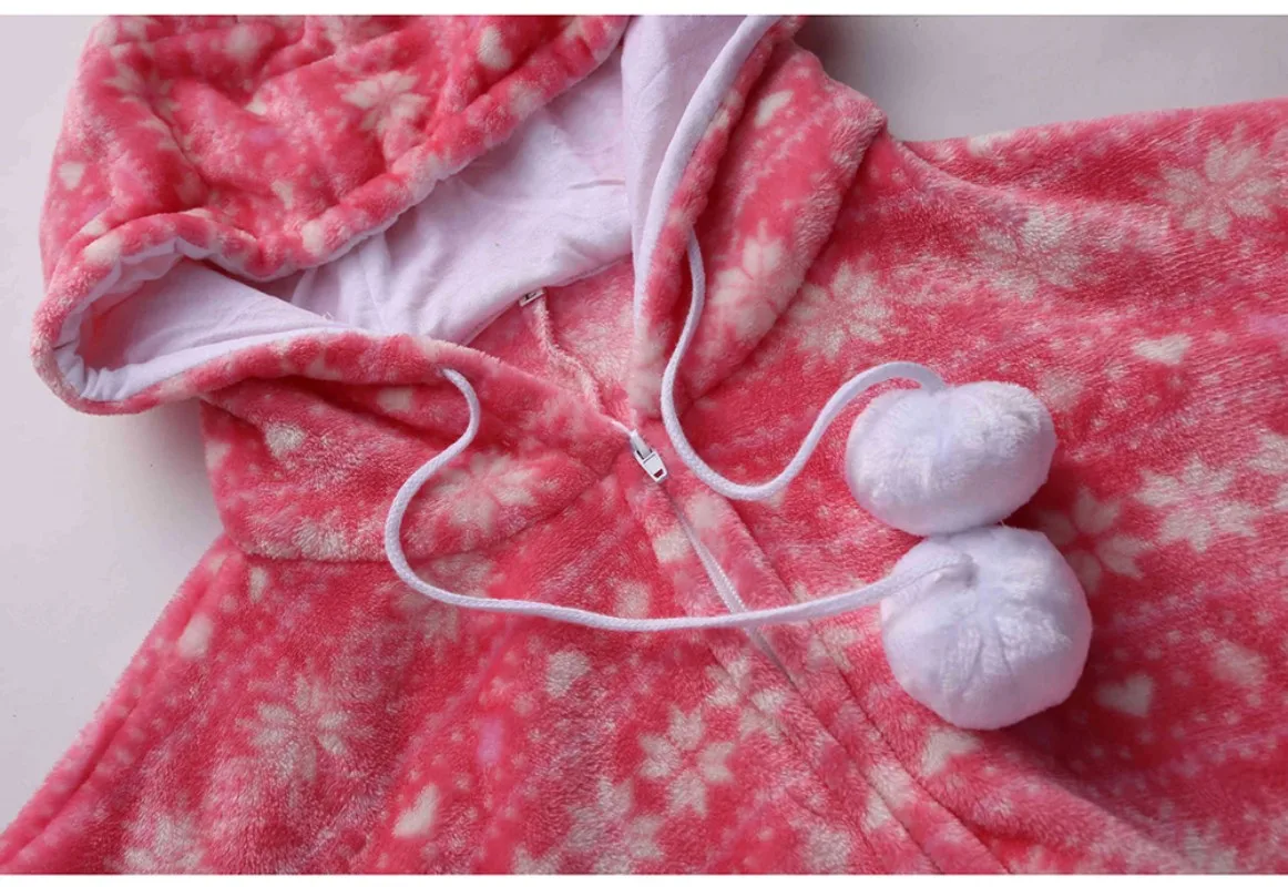 Winter Christmas One Piece Hooded Women Pajamas Polyester Material Slim Warm Leisure Wear Patterned Belt Pocket Regular Comfort