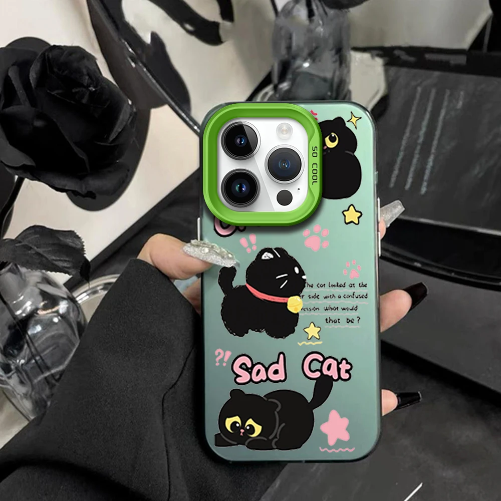 Чехол для телефона с мультяшным грустным котом iPhone 16 12 13 14 15 Pro Max Plus цветной