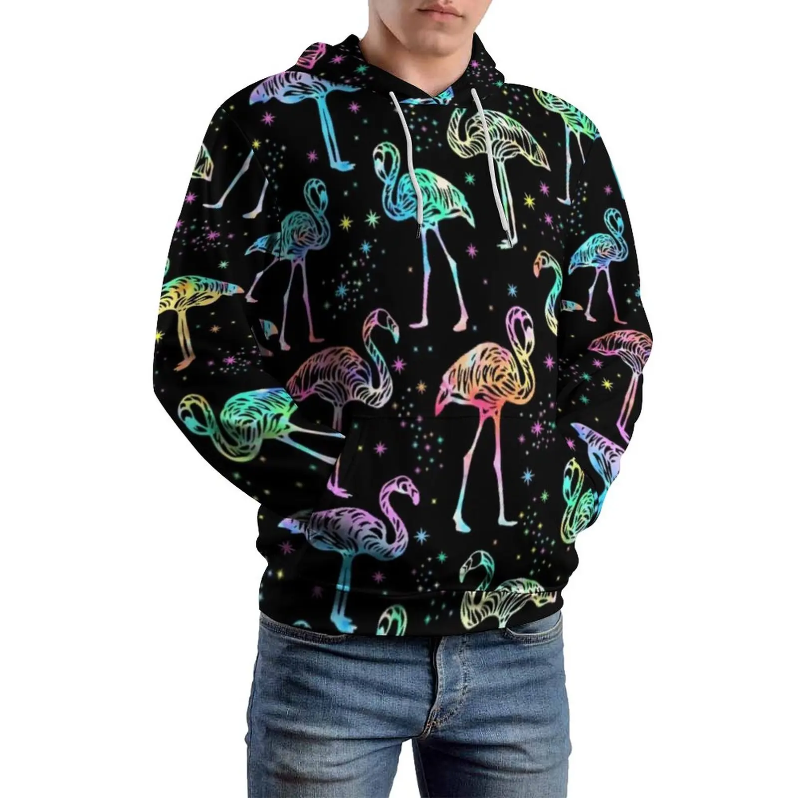 

Flamingo Casual Hoodies Long Sleeve Fun Animal Print Modern Pullover Hoodie Winter Men Loose Oversize Graphic Hooded Sweatshirts