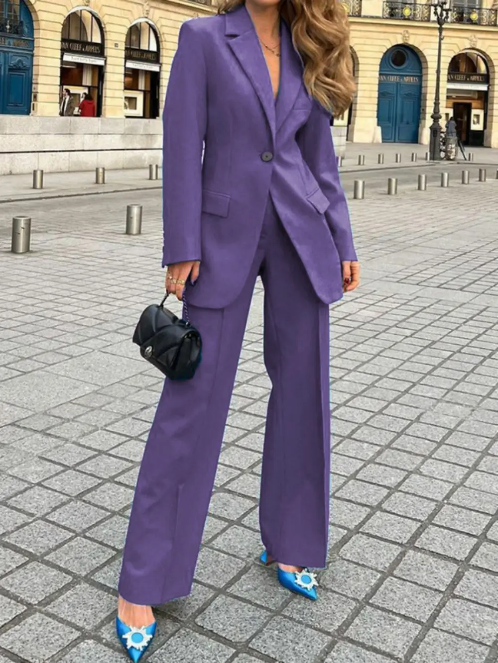 2023 Womens Suits Fashion Single Buttons Business Blazer Solid Casual Coat Trousers 2 Pcs Set Office Ladies Wear Wide-Leg Pants