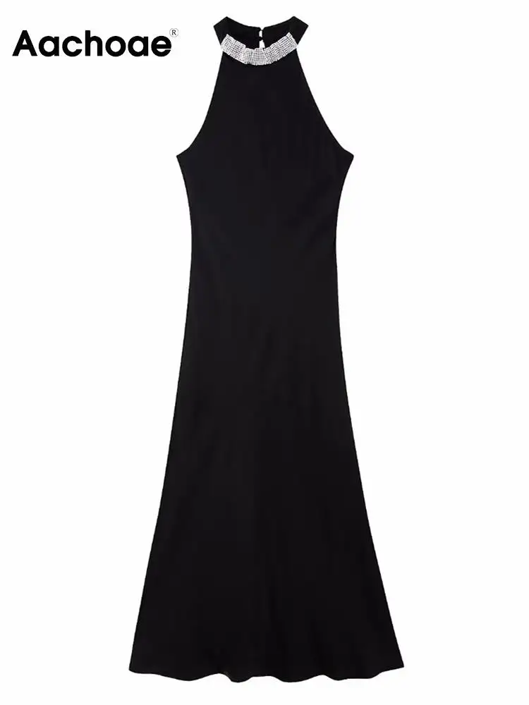 

Платье Aachoae женское длинное однотонное, элегантное модное ТРАПЕЦИЕВИДНОЕ вечернее, с лямкой на шее, без рукавов, с бусинами